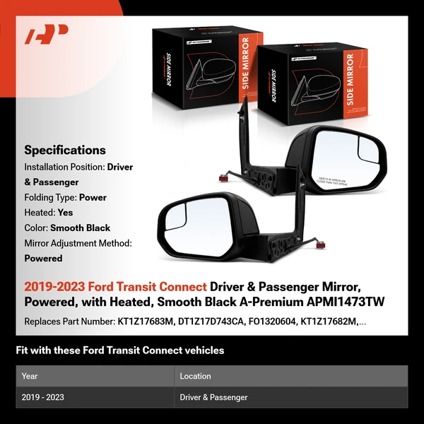 2019-2023 Ford Transit Connect Driver & Passenger Mirror, Powered, with Heated, Smooth Black A-Premium APMI1473TW