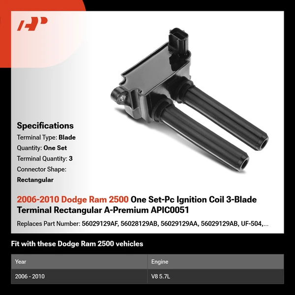 2006-2010 Dodge Ram 2500 One Set-Pc Ignition Coil 3-Blade Terminal Rectangular A-Premium APIC0051