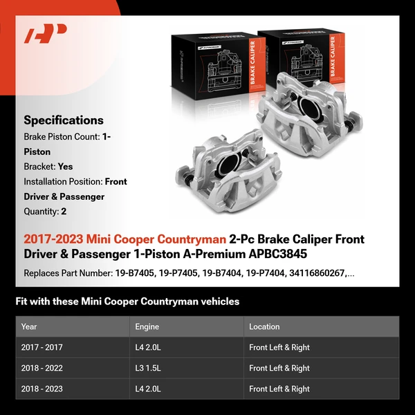 2017-2023 Mini Cooper Countryman 2-Pc Brake Caliper Front Driver & Passenger 1-Piston A-Premium APBC3845