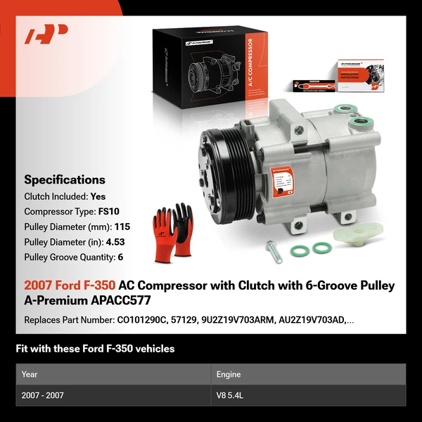 2007 Ford F-350 AC Compressor with Clutch with 6-Groove Pulley A-Premium APACC577