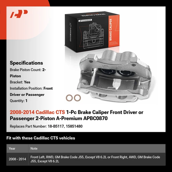 2008-2014 Cadillac CTS 1-Pc Brake Caliper Front Driver or Passenger 2-Piston A-Premium APBC0870
