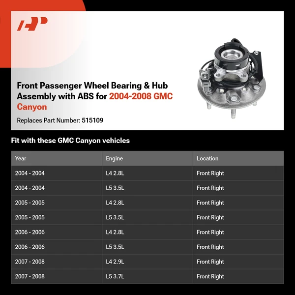 Front Passenger Wheel Bearing & Hub Assembly with ABS for 2004-2008 GMC Canyon