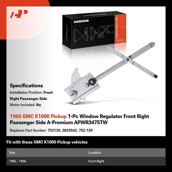 1966 GMC K1000 Pickup 1-Pc Window Regulator Front Right Passenger Side A-Premium APWR3475TW