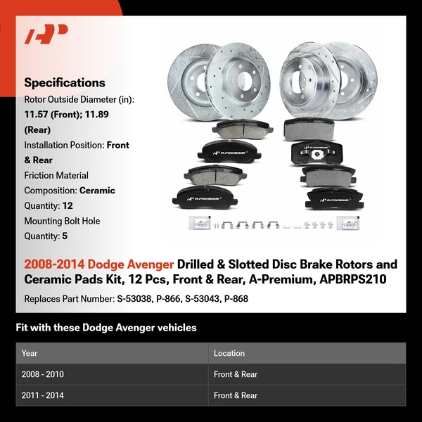 2008-2014 Dodge Avenger Drilled & Slotted Disc Brake Rotors and Ceramic Pads Kit, 12 Pcs, Front & Rear, A-Premium, APBRPS210