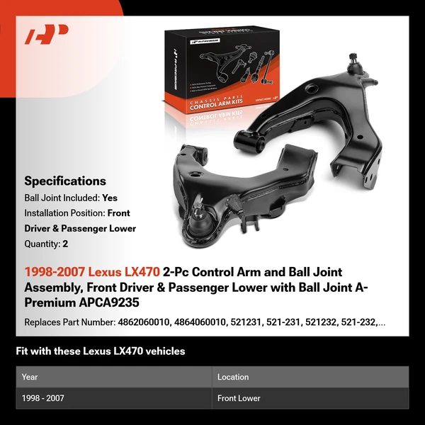 1998-2007 Lexus LX470 2-Pc Control Arm and Ball Joint Assembly, Front Driver & Passenger Lower with Ball Joint A-Premium APCA9235