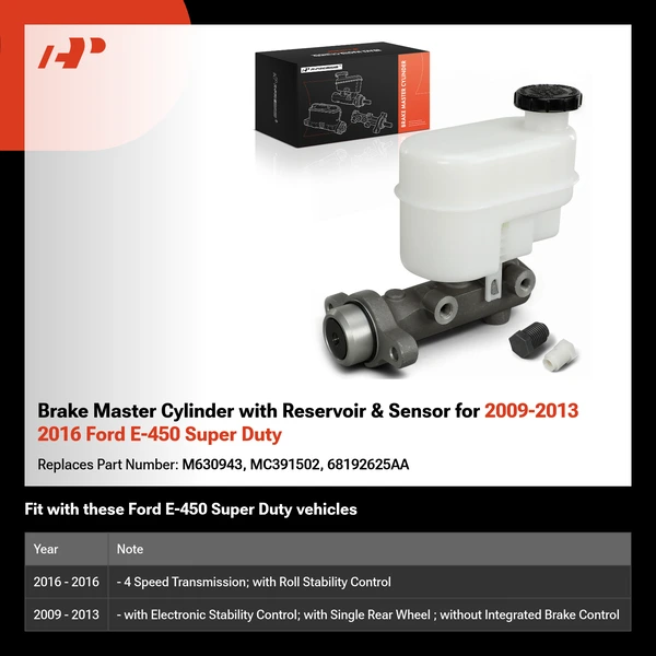 Brake Master Cylinder with Reservoir & Sensor for 2009-2013 2016 Ford E-450 Super Duty
