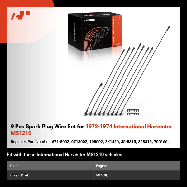 9 Pcs Spark Plug Wire Set for 1972-1974 International Harvester MS1210