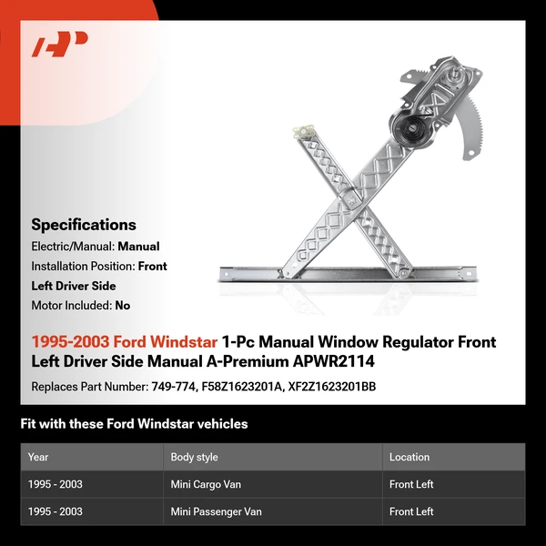 1995-2003 Ford Windstar 1-Pc Manual Window Regulator Front Left Driver Side Manual A-Premium APWR2114