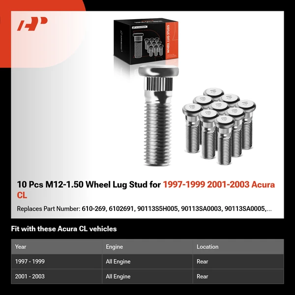 10 Pcs M12-1.50 Wheel Lug Stud for 1997-1999 2001-2003 Acura CL