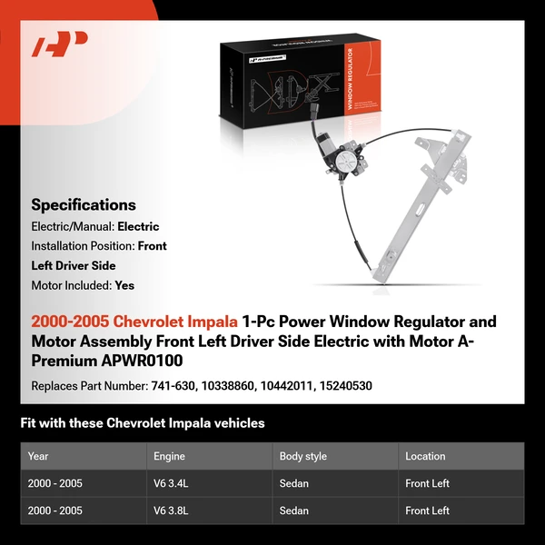 2000-2005 Chevrolet Impala 1-Pc Power Window Regulator and Motor Assembly Front Left Driver Side Electric with Motor A-Premium APWR0100