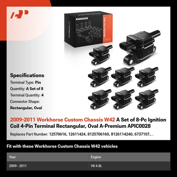 2009-2011 Workhorse Custom Chassis W42 A Set of 8-Pc Ignition Coil 4-Pin Terminal Rectangular, Oval A-Premium APIC0028