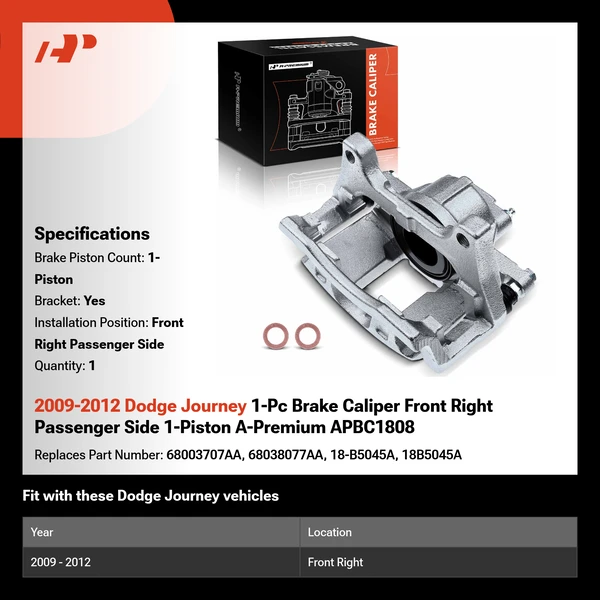 2009-2012 Dodge Journey 1-Pc Brake Caliper Front Right Passenger Side 1-Piston A-Premium APBC1808