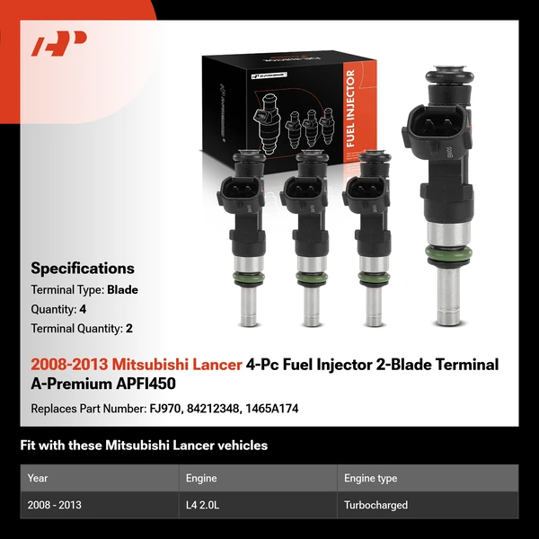 2008-2013 Mitsubishi Lancer 4-Pc Fuel Injector 2-Blade Terminal A-Premium APFI450