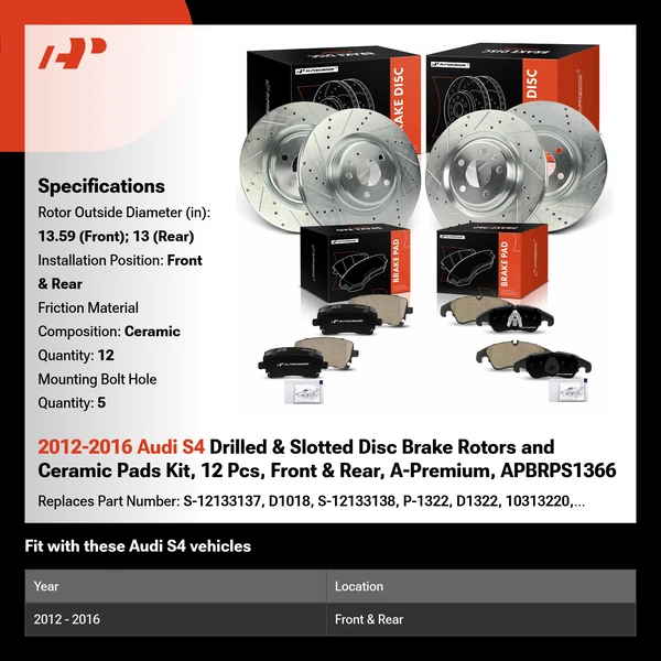 2012-2016 Audi S4 Drilled & Slotted Disc Brake Rotors and Ceramic Pads Kit, 12 Pcs, Front & Rear, A-Premium, APBRPS1366