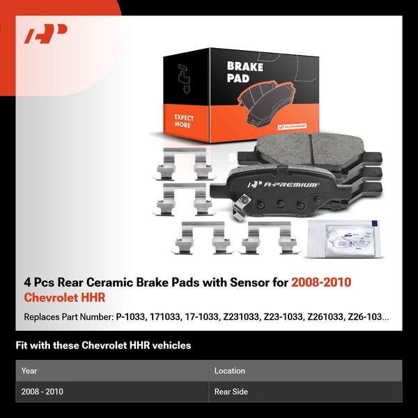 4 Pcs Rear Ceramic Brake Pads with Sensor for 2008-2010 Chevrolet HHR