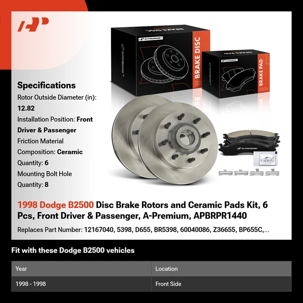 1998 Dodge B2500 Disc Brake Rotors and Ceramic Pads Kit, 6 Pcs, Front Driver & Passenger, A-Premium, APBRPR1440