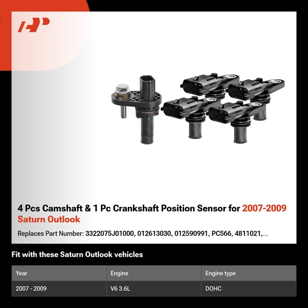 4 Pcs Camshaft & 1 Pc Crankshaft Position Sensor for 2007-2009 Saturn Outlook