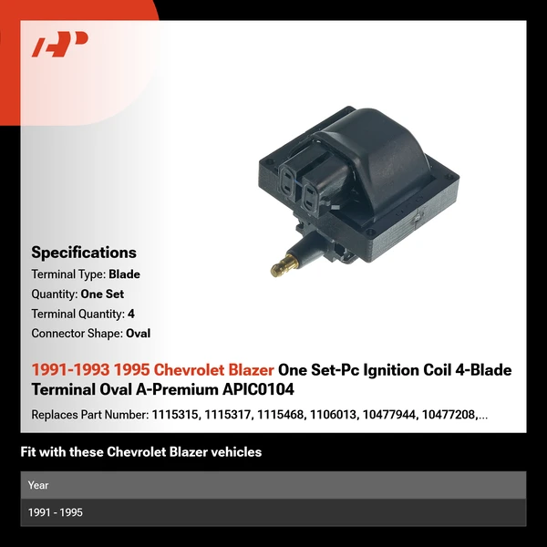 1991-1993 1995 Chevrolet Blazer One Set-Pc Ignition Coil 4-Blade Terminal Oval A-Premium APIC0104