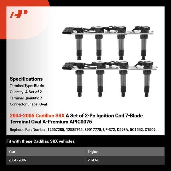 2004-2006 Cadillac SRX A Set of 2-Pc Ignition Coil 7-Blade Terminal Oval A-Premium APIC0075