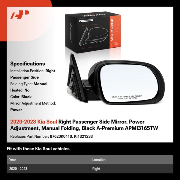2020-2023 Kia Soul Right Passenger Side Mirror, Power Adjustment, Manual Folding, Black A-Premium APMI3165TW