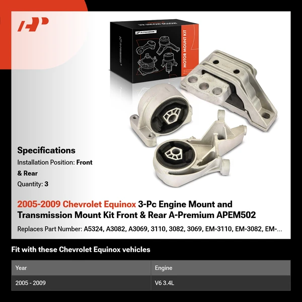 2005-2009 Chevrolet Equinox 3-Pc Engine Mount and Transmission Mount Kit Front & Rear A-Premium APEM502