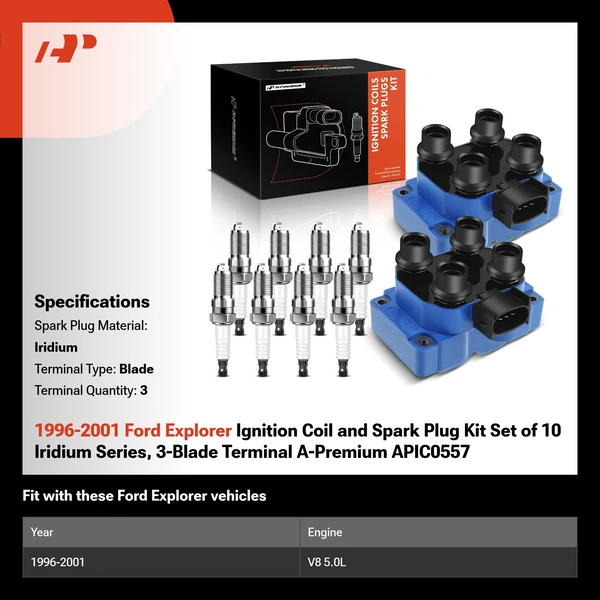 1996-2001 Ford Explorer Ignition Coil and Spark Plug Kit Set of 10 Iridium Series, 3-Blade Terminal A-Premium APIC0557