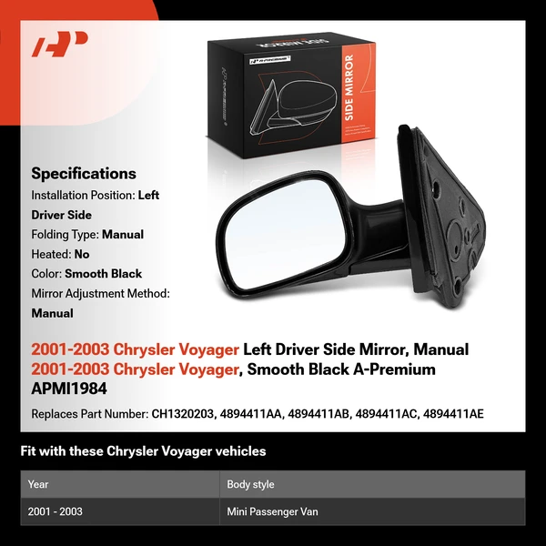 2001-2003 Chrysler Voyager Left Driver Side Mirror, Manual, Smooth Black A-Premium APMI1984