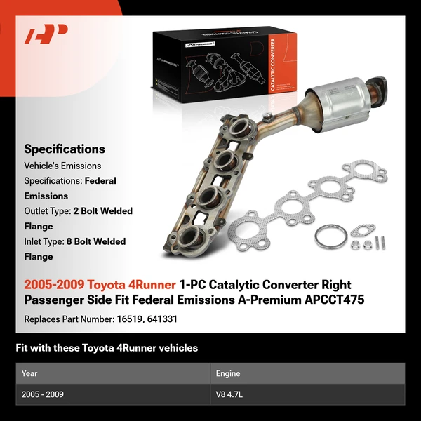 2005-2009 Toyota 4Runner 1-PC Catalytic Converter Right Passenger Side Fit Federal Emissions A-Premium APCCT475