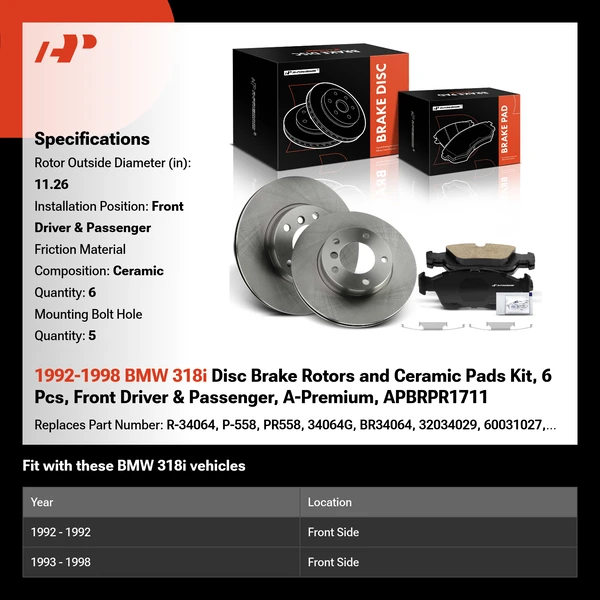 1992-1998 BMW 318i Disc Brake Rotors and Ceramic Pads Kit, 6 Pcs, Front Driver & Passenger, A-Premium, APBRPR1711