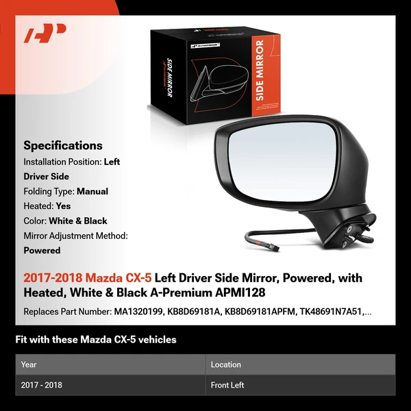 2017-2018 Mazda CX-5 Left Driver Side Mirror, Powered, with Heated, White & Black A-Premium APMI128
