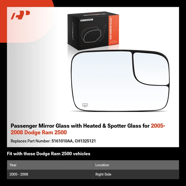 Passenger Mirror Glass with Heated & Spotter Glass for 2005-2008 Dodge Ram 2500