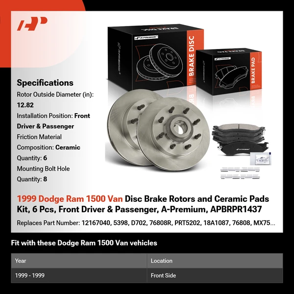 1999 Dodge Ram 1500 Van Disc Brake Rotors and Ceramic Pads Kit, 6 Pcs, Front Driver & Passenger, A-Premium, APBRPR1437