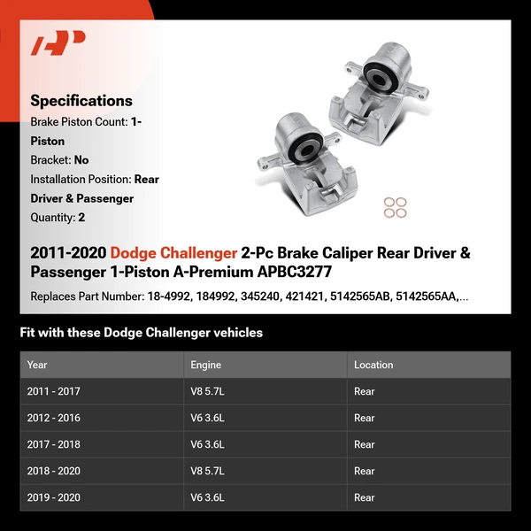2011-2012 2014-2021 Dodge Challenger 2-Pc Brake Caliper Rear Driver & Passenger 1-Piston A-Premium APBC3277