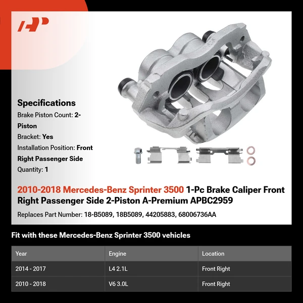 2010-2018 Mercedes-Benz Sprinter 3500 1-Pc Brake Caliper Front Right Passenger Side 2-Piston A-Premium APBC2959