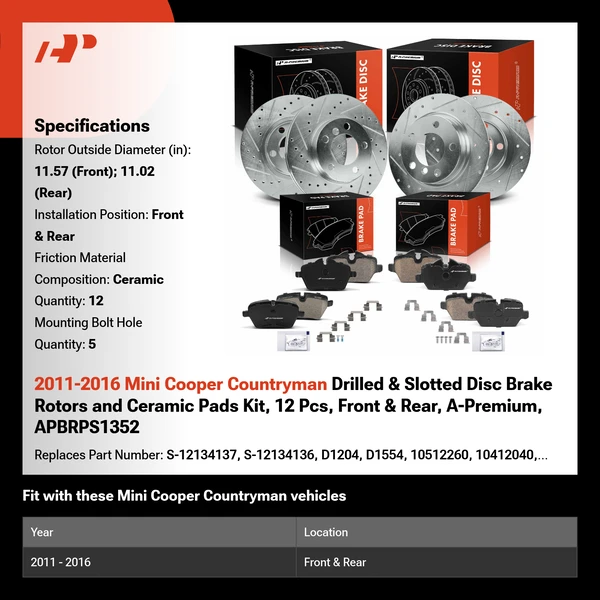 2011-2016 Mini Cooper Countryman Drilled & Slotted Disc Brake Rotors and Ceramic Pads Kit, 12 Pcs, Front & Rear, A-Premium, APBRPS1352