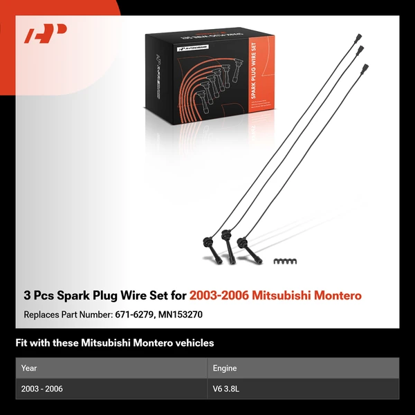 3 Pcs Spark Plug Wire Set for 2003-2006 Mitsubishi Montero