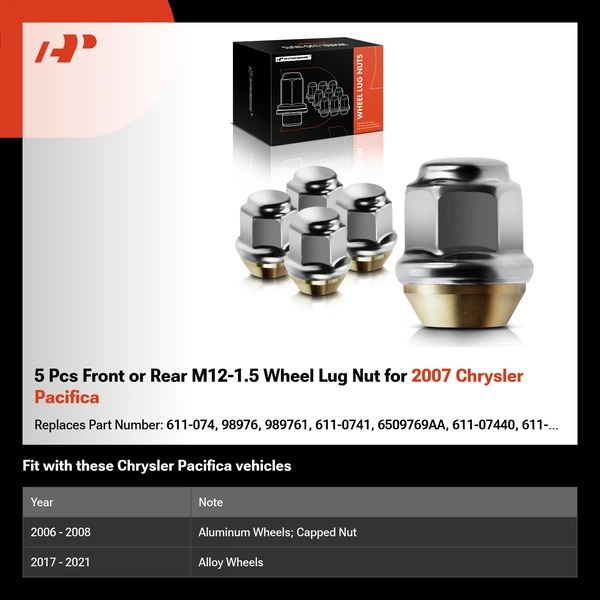 5 Pcs Front or Rear M12-1.5 Wheel Lug Nut for 2007 Chrysler Pacifica