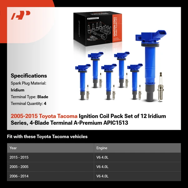 2005-2015 Toyota Tacoma Ignition Coil Pack Set of 12 Iridium Series, 4-Blade Terminal A-Premium APIC1513