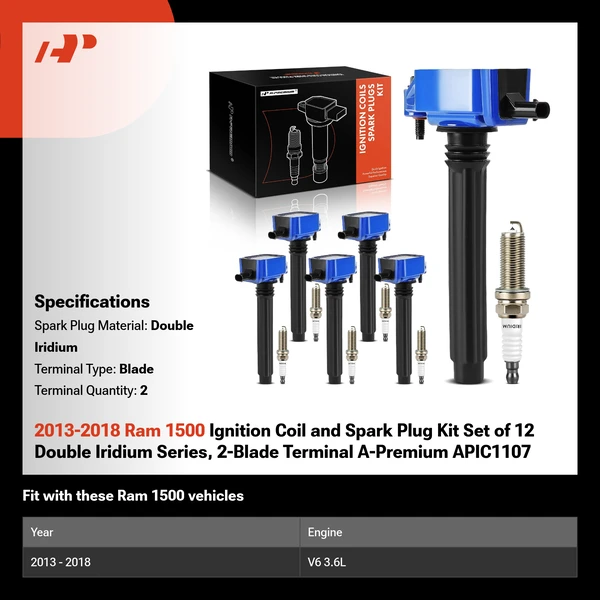 2013-2018 Ram 1500 Ignition Coil and Spark Plug Kit Set of 12 Double Iridium Series, 2-Blade Terminal A-Premium APIC1107