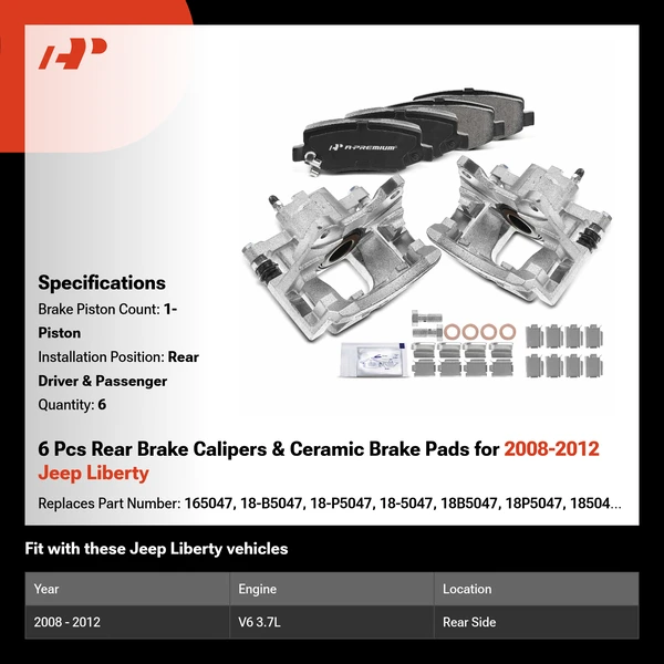6 Pcs Rear Brake Calipers & Ceramic Brake Pads for 2008-2012 Jeep Liberty