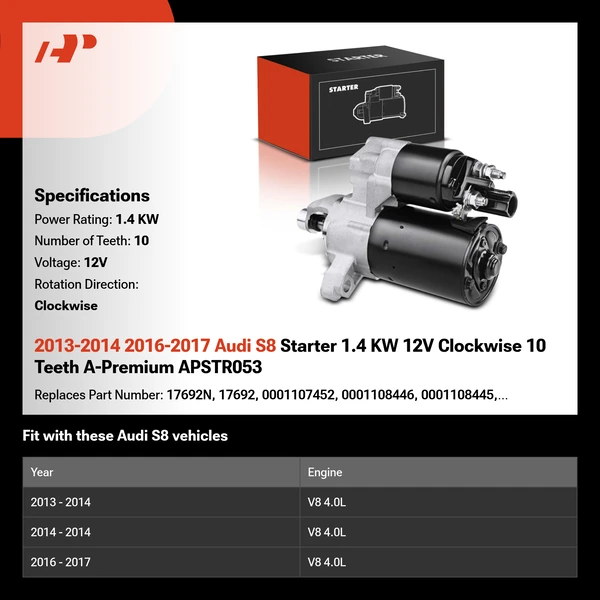 2013-2014 2016-2017 Audi S8 Starter 1.4 KW 12V Clockwise 10 Teeth A-Premium APSTR053