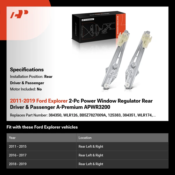 2011-2019 Ford Explorer 2-Pc Power Window Regulator Rear Driver & Passenger A-Premium APWR3200