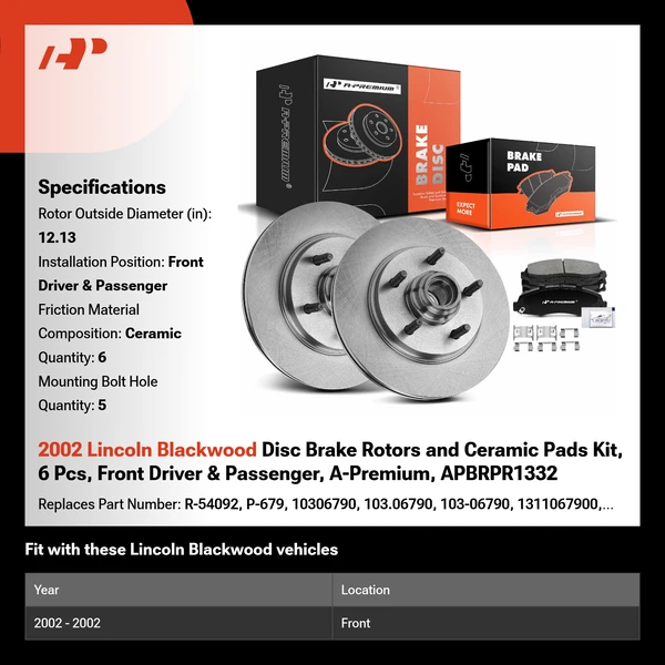 2002 Lincoln Blackwood Disc Brake Rotors and Ceramic Pads Kit, 6 Pcs, Front Driver & Passenger, A-Premium, APBRPR1332