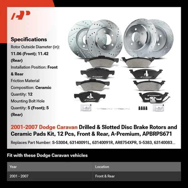 2001-2007 Dodge Caravan Drilled & Slotted Disc Brake Rotors and Ceramic Pads Kit, 12 Pcs, Front & Rear, A-Premium, APBRPS671