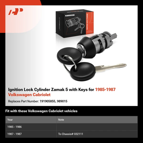 Ignition Lock Cylinder Zamak 5 with Keys for 1985-1987 Volkswagen Cabriolet
