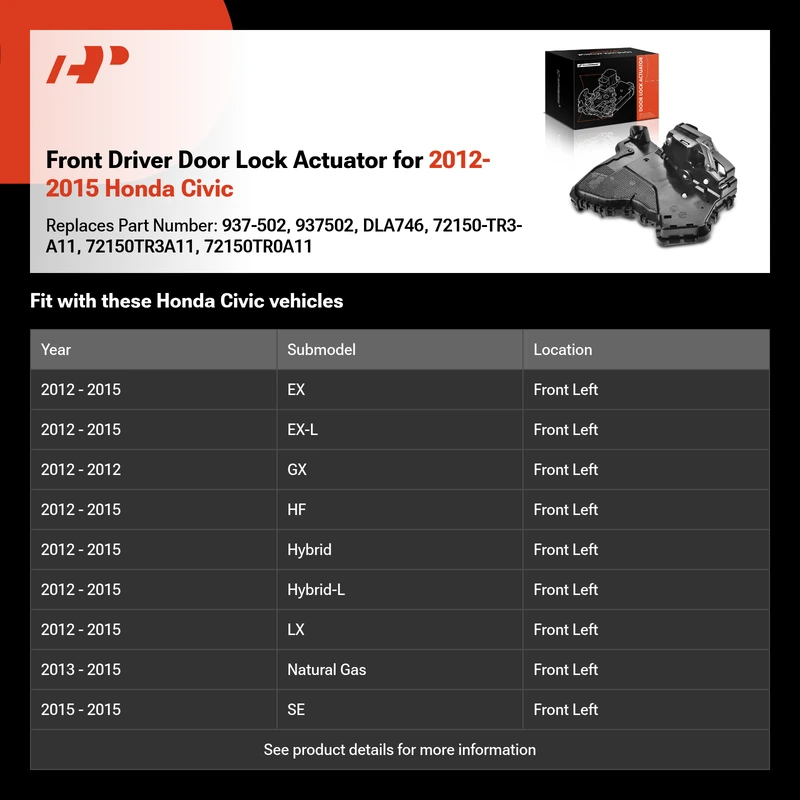 Front Driver Door Lock Actuator for 2012-2015 Honda Civic