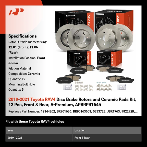 2019-2021 Toyota RAV4 Disc Brake Rotors and Ceramic Pads Kit, 12 Pcs, Front & Rear, A-Premium, APBRPR1645