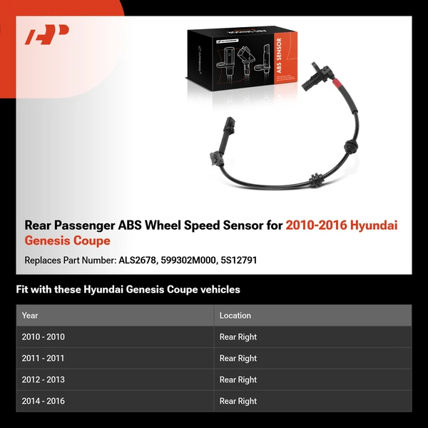 Rear Passenger ABS Wheel Speed Sensor for 2010-2016 Hyundai Genesis Coupe