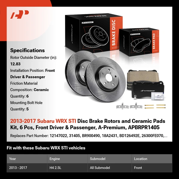 2013-2017 Subaru WRX STI Disc Brake Rotors and Ceramic Pads Kit, 6 Pcs, Front Driver & Passenger, A-Premium, APBRPR1405