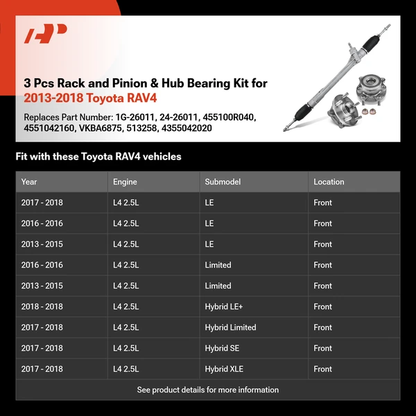 3 Pcs Rack and Pinion & Hub Bearing Kit for 2013-2018 Toyota RAV4